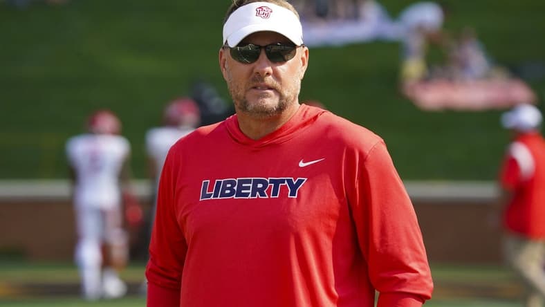 Sep 17, 2022; Winston-Salem, North Carolina, USA; Liberty Flames head coach Hugh Freeze looks on against the Wake Forest Demon Deacons before the game at Truist Field. Mandatory Credit: James Guillory-USA TODAY Sports