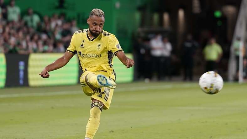Sep 17, 2022; Austin, Texas, USA; Nashville SC midfielder Hany Mukhtar (10) shoots on goal during the second half against Austin FC at Q2 Stadium. Mandatory Credit: Scott Wachter-USA TODAY Sports