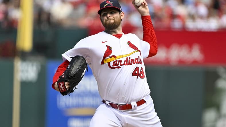 Sep 18, 2022; St. Louis, Missouri, USA;  St. Louis Cardinals starting pitcher Jordan Montgomery (48) pitches against the Cincinnati Reds during the first inning at Busch Stadium. Mandatory Credit: Jeff Curry-USA TODAY Sports