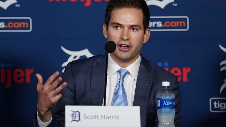 Tigers' new president of baseball operations Scott Harris speaks during his introductory news conference Tuesday, Sept. 20, 2022 at Comerica Park in downtown Detroit.