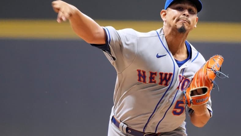 New York Mets starting pitcher Carlos Carrasco (59) throws  during the first inning of their game against the Milwaukee Brewers Tuesday, September 20, 2022 at American Family Field in Milwaukee, Wis.

Brewers20 4
