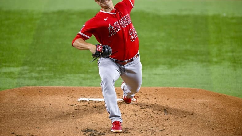 Sep 21, 2022; Arlington, Texas, USA; Los Angeles Angels starting pitcher Tucker Davidson (32) pitches against the Texas Rangers during the first inning at Globe Life Field. Mandatory Credit: Jerome Miron-USA TODAY Sports