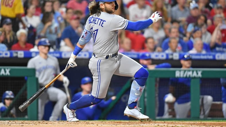 Sep 20, 2022; Philadelphia, Pennsylvania, USA; Toronto Blue Jays shortstop Bo Bichette (11) against the Philadelphia Phillies at Citizens Bank Park. Mandatory Credit: Eric Hartline-USA TODAY Sports