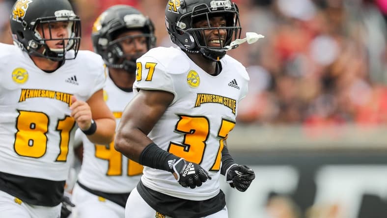 Sep 10, 2022; Cincinnati, Ohio, USA; Kennesaw State Owls running back Yesiah Clemons (37) reacts after a play in the first half against the Cincinnati Bearcats at Nippert Stadium. Mandatory Credit: Katie Stratman-USA TODAY Sports