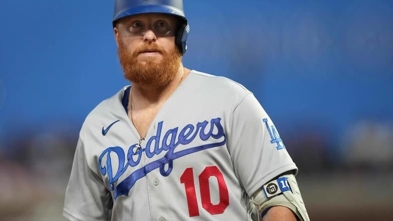 Sep 17, 2022; San Francisco, California, USA; Los Angeles Dodgers designated hitter Justin Turner (10) during the third inning against the San Francisco Giants at Oracle Park. Mandatory Credit: Darren Yamashita-USA TODAY Sports