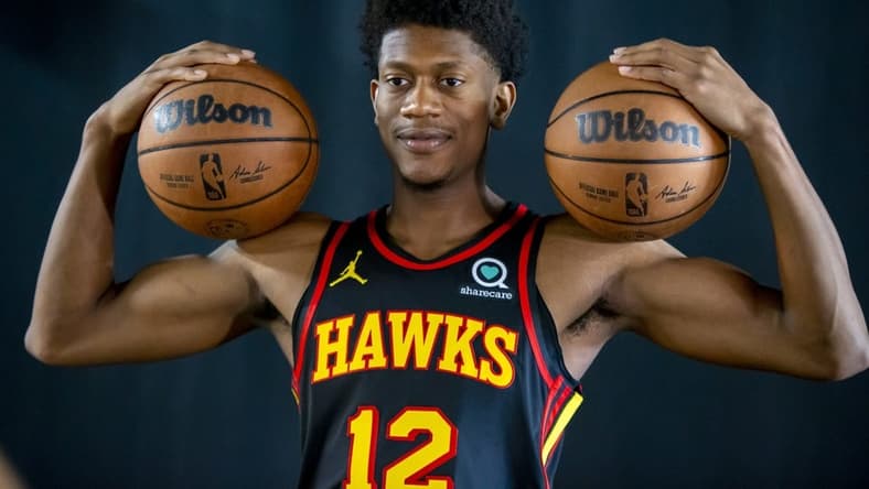 Sep 23, 2022; Atlanta, GA, USA; Atlanta Hawks forward De'Andre Hunter (12) poses for a photo at Hawks Media Day. Mandatory Credit: Brett Davis-USA TODAY Sports