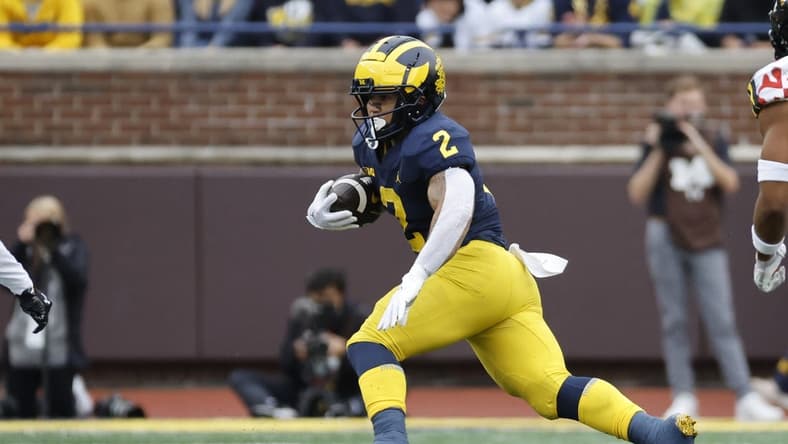 Sep 24, 2022; Ann Arbor, Michigan, USA; Michigan Wolverines running back Blake Corum (2) rushes in the first half against the Maryland Terrapins at Michigan Stadium. Mandatory Credit: Rick Osentoski-USA TODAY Sports