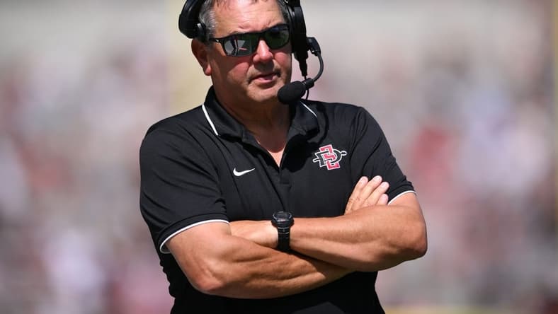 Sep 24, 2022; San Diego, California, USA; San Diego State Aztecs head coach Brady Hoke looks on during the first half against the Toledo Rockets at Snapdragon Stadium. Mandatory Credit: Orlando Ramirez-USA TODAY Sports