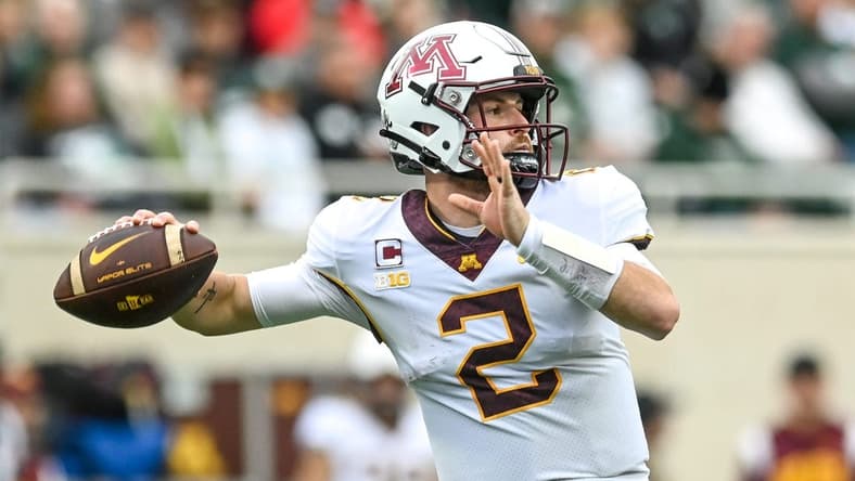 Minnesota's Tanner Morgan throws a pass against Michigan State during the first quarter on Saturday, Sept. 24, 2022, at Spartan Stadium in East Lansing.

220924 Msu Minn Fb 077a