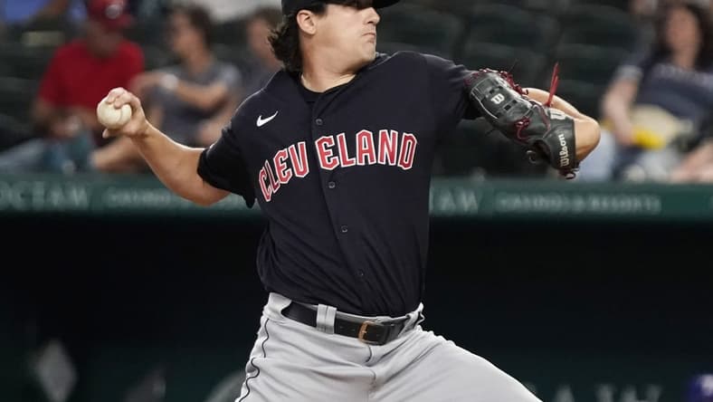 Sep 24, 2022; Arlington, Texas, USA; Cleveland Guardians starting pitcher Cal Quantrill (47) throws to the plate during the first inning against the Texas Rangers at Globe Life Field. Mandatory Credit: Raymond Carlin III-USA TODAY Sports
