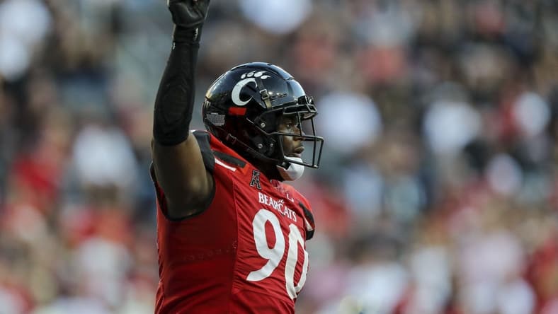 Sep 24, 2022; Cincinnati, Ohio, USA; Cincinnati Bearcats defensive lineman Jabari Taylor (90) reacts after an incomplete pass by the Indiana Hoosiers in the second half at Nippert Stadium. Mandatory Credit: Katie Stratman-USA TODAY Sports