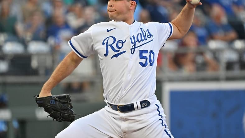 Sep 24, 2022; Kansas City, Missouri, USA;  Kansas City Royals starting pitcher Kris Bubic (50) delivers against the Seattle Mariners during the first inning at Kauffman Stadium. Mandatory Credit: Peter Aiken-USA TODAY Sports