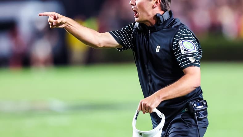 Sep 24, 2022; Columbia, South Carolina, USA; Charlotte 49ers head coach Will Healy directs his team against the South Carolina Gamecocks in the first quarter at Williams-Brice Stadium. Mandatory Credit: Jeff Blake-USA TODAY Sports
