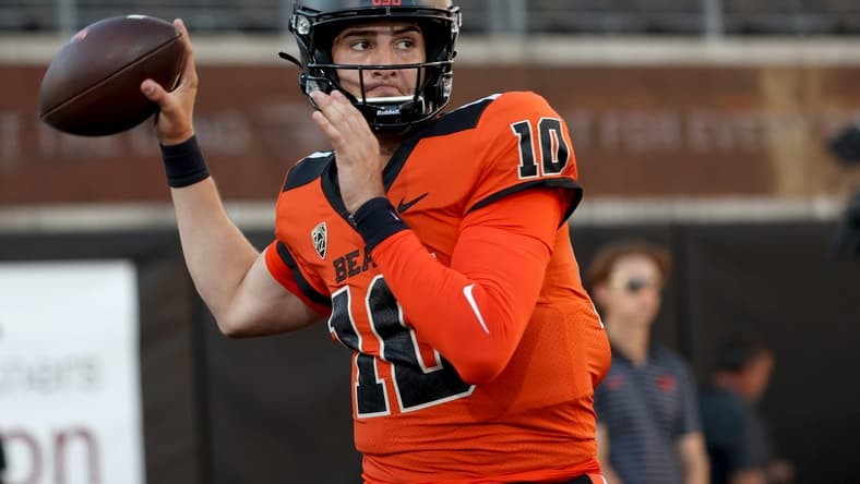 Sep 24, 2022; Corvallis, Oregon, USA; Oregon State Beavers quarterback Chance Nolan (10) throws during warm-ups before playing the USC Trojans at Reser Stadium. Mandatory Credit: Jaime Valdez-USA TODAY Sports