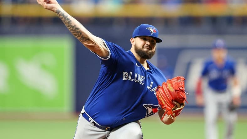 Sep 24, 2022; St. Petersburg, Florida, USA; Toronto Blue Jays starting pitcher Alek Manoah (6) throws his one hundredth pitch off the game against the Tampa Bay Rays in the seventh inning at Tropicana Field. Mandatory Credit: Nathan Ray Seebeck-USA TODAY Sports