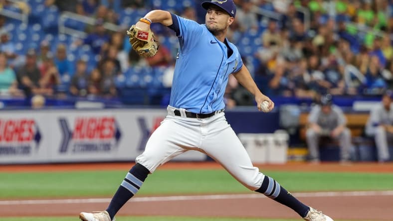 Sep 25, 2022; St. Petersburg, Florida, USA; Tampa Bay Rays starting pitcher Shane McClanahan (18) throws a pitch during the first inning against the Toronto Blue Jays at Tropicana Field. Mandatory Credit: Mike Watters-USA TODAY Sports