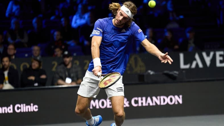 Sep 25, 2022; London, United Kingdom; Stefanos Tsitsipas (GRE) plays a shot against Frances Tiafoe (USA) in Lavers Cup singles. Mandatory Credit: Peter van den Berg-USA TODAY Sports