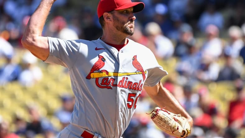 Sep 25, 2022; Los Angeles, California, USA; St. Louis Cardinals starting pitcher Adam Wainwright (50) throws a pitch against the Los Angeles Dodgers during first inning at Dodger Stadium. Mandatory Credit: Jonathan Hui-USA TODAY Sports