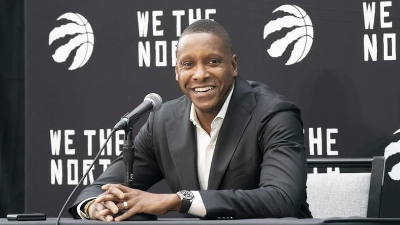 Sep 26, 2022; Toronto, Ontario, CA; Masai Ujiri Vice Chairman and Team President of the Toronto Raptors talks to the media during Media Day at the Hotel X. Mandatory Credit: Nick Turchiaro-USA TODAY Sports