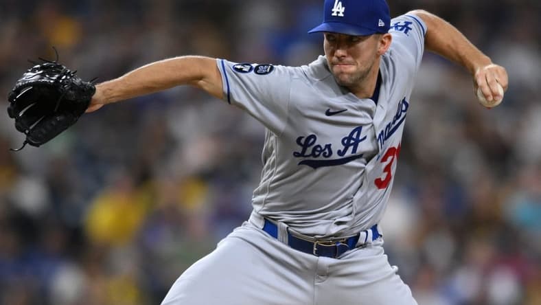 Sep 27, 2022; San Diego, California, USA; Los Angeles Dodgers starting pitcher Tyler Anderson (31) throws a pitch against the San Diego Padres during the first inning at Petco Park. Mandatory Credit: Orlando Ramirez-USA TODAY Sports