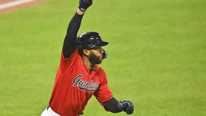 Sep 28, 2022; Cleveland, Ohio, USA; Cleveland Guardians pinch hitter Amed Rosario (1) celebrates his game-winning single in the tenth inning against the Tampa Bay Rays Progressive Field. Mandatory Credit: David Richard-USA TODAY Sports
