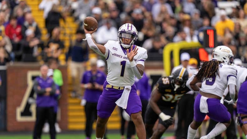 Sep 24, 2022; Boone, North Carolina, USA; James Madison Dukes quarterback Todd Centeio (1) passes the ball in the first quarter against the Appalachian State Mountaineers at Kidd Brewer Stadium. Mandatory Credit: David Yeazell-USA TODAY Sports