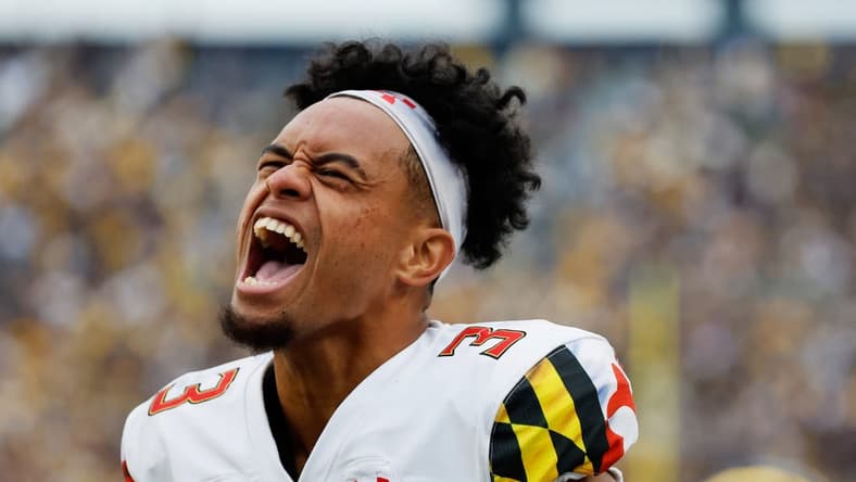Sep 24, 2022; Ann Arbor, Michigan, USA; Maryland Terrapins quarterback Taulia Tagovailoa (3) reacts against the Michigan Wolverines at Michigan Stadium. Mandatory Credit: Rick Osentoski-USA TODAY Sports