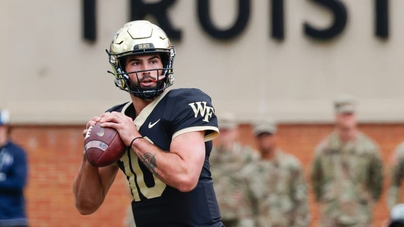 Sep 24, 2022; Winston-Salem, North Carolina, USA;  Wake Forest Demon Deacons quarterback Sam Hartman (10) before the game against the Clemson Tigers at Truist Field. Mandatory Credit: Reinhold Matay-USA TODAY Sports