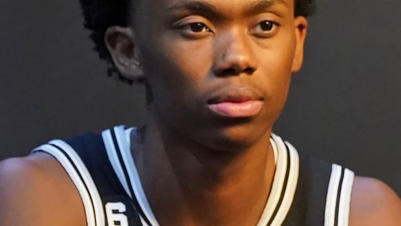 Sep 26, 2022; San Antonio, TX, USA; San Antonio Spurs guard Joshua Primo (11) poses for photos and video during Media Day. Mandatory Credit: Scott Wachter-USA TODAY Sports