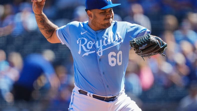 Sep 25, 2022; Kansas City, Missouri, USA; Kansas City Royals starting pitcher Max Castillo (60) pitches during the first inning against the Seattle Mariners at Kauffman Stadium. Mandatory Credit: Jay Biggerstaff-USA TODAY Sports
