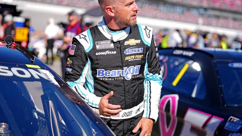 Oct 1, 2022; Talladega, Alabama, USA; NASCAR Cup Series driver Justin Allgaier (62) during qualifying for the YellaWood 500 at Talladega Superspeedway. Mandatory Credit: Jasen Vinlove-USA TODAY Sports