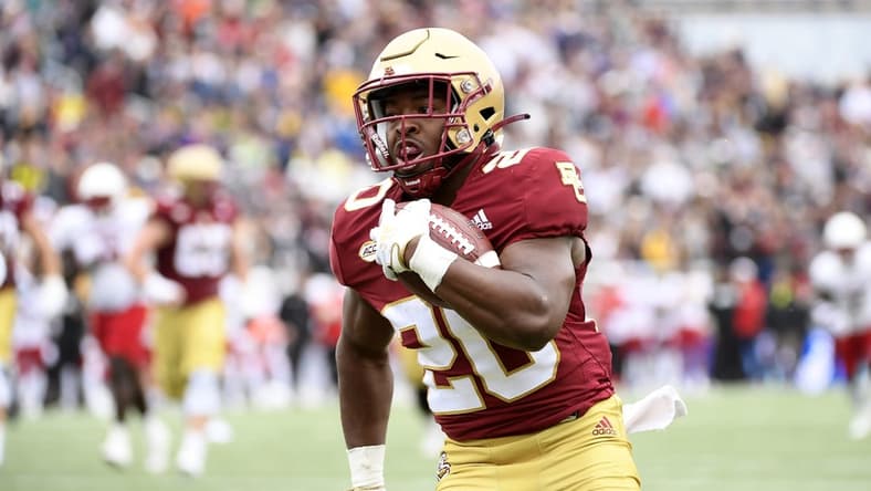 Oct 1, 2022; Chestnut Hill, Massachusetts, USA; Boston College Eagles running back Alex Broome (20) runs the ball for a touchdown during the first half against the Louisville Cardinals at Alumni Stadium. Mandatory Credit: Bob DeChiara-USA TODAY Sports
