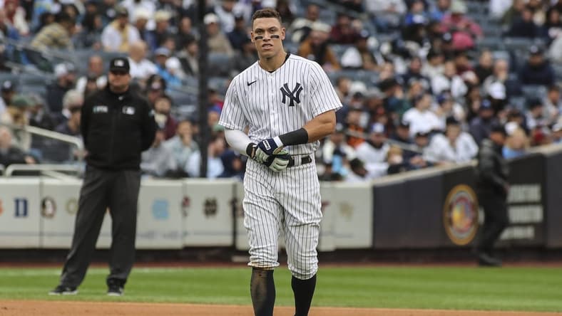 Oct 1, 2022; Bronx, New York, USA; New York Yankees right fielder Aaron Judge (99) on the field in between innings against the Baltimore Orioles at Yankee Stadium. Mandatory Credit: Wendell Cruz-USA TODAY Sports
