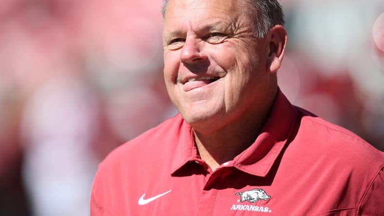 Oct 1, 2022; Fayetteville, Arkansas, USA; Arkansas Razorbacks head coach Sam Pittman prior to the game against the Alabama Crimson Tide at Donald W. Reynolds Razorback Stadium. Mandatory Credit: Nelson Chenault-USA TODAY Sports