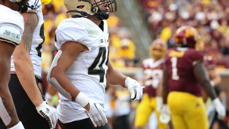 Oct 1, 2022; Minneapolis, Minnesota, USA; Purdue Boilermakers running back Devin Mockobee (45) celebrates after scoring a touchdown during the fourth quarter at Huntington Bank Stadium. Mandatory Credit: Matt Krohn-USA TODAY Sports