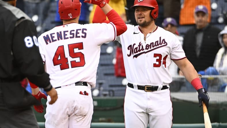 Oct 1, 2022; Washington, District of Columbia, USA; Washington Nationals first baseman Joey Meneses (45) is congratulated by designated hitter Luke Voit (34) after hitting home run against the Philadelphia Phillies during the fifth inning at Nationals Park. Mandatory Credit: Brad Mills-USA TODAY Sports