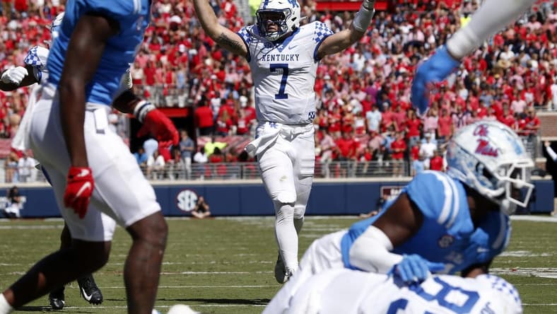 Oct 1, 2022; Oxford, Mississippi, USA; Kentucky Wildcats quarterback Will Levis (7) reacts after a touchdown pass during the third quarter against the Mississippi Rebels at Vaught-Hemingway Stadium. Mandatory Credit: Petre Thomas-USA TODAY Sports