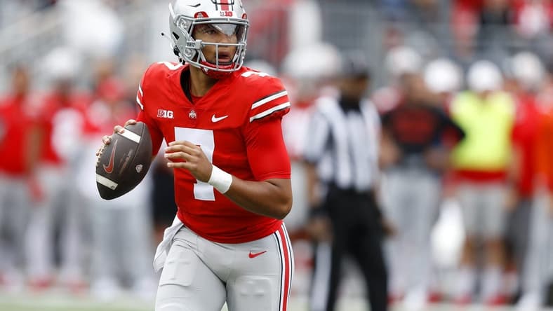 Oct 1, 2022; Columbus, Ohio, USA;  Ohio State Buckeyes quarterback C.J. Stroud (7) looks to throw during the first quarter against the Rutgers Scarlet Knights at Ohio Stadium. Mandatory Credit: Joseph Maiorana-USA TODAY Sports