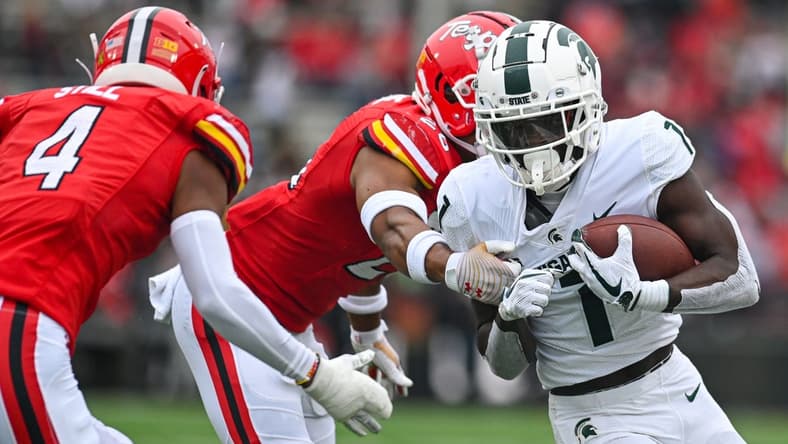 Oct 1, 2022; College Park, Maryland, USA; Michigan State Spartans wide receiver Jayden Reed (1) runs after the catch during the first half against the Maryland Terrapins at Capital One Field at Maryland Stadium. Mandatory Credit: Tommy Gilligan-USA TODAY Sports