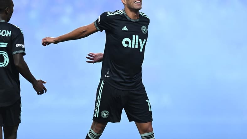 Oct 1, 2022; Charlotte, North Carolina, USA; Charlotte FC attacker Daniel Rios (12) celebrates goal scored in the second half against Philadelphia Union at Bank of America Stadium. Mandatory Credit: Griffin Zetterberg-USA TODAY Sports