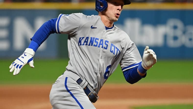 Oct 1, 2022; Cleveland, Ohio, USA; Kansas City Royals center fielder Drew Waters (6) rounds third base en route to scoring during the fourth inning against the Cleveland Guardians at Progressive Field. Mandatory Credit: Ken Blaze-USA TODAY Sports
