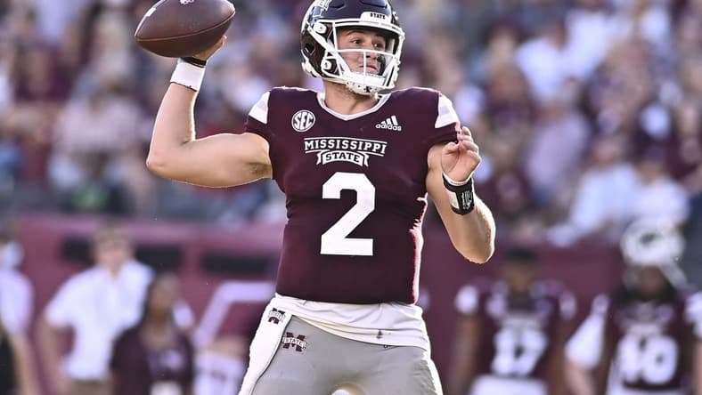 Oct 1, 2022; Starkville, Mississippi, USA; Mississippi State Bulldogs quarterback Will Rogers (2) makes a pass against the Texas A&M Aggies during the fourth quarter at Davis Wade Stadium at Scott Field. Mandatory Credit: Matt Bush-USA TODAY Sports