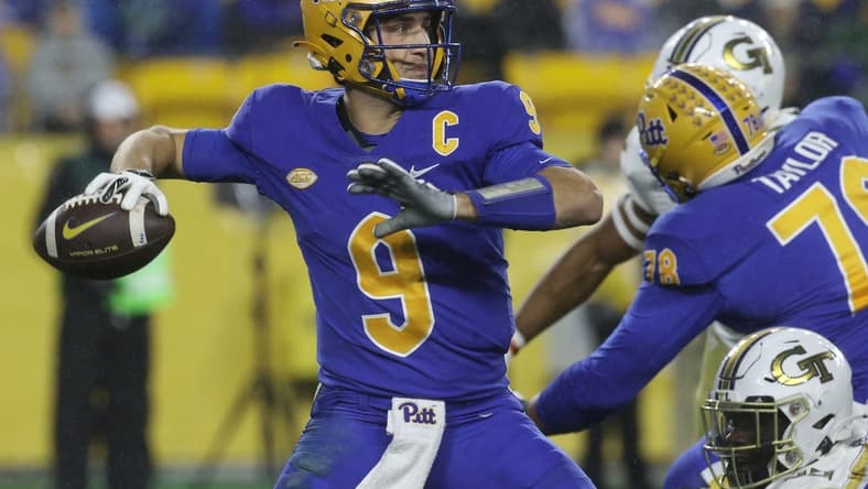 Oct 1, 2022; Pittsburgh, Pennsylvania, USA;  Pittsburgh Panthers quarterback Kedon Slovis (9) throws a pass against the   Georgia Tech Yellow Jackets during the first quarter at Acrisure Stadium. Mandatory Credit: Charles LeClaire-USA TODAY Sports