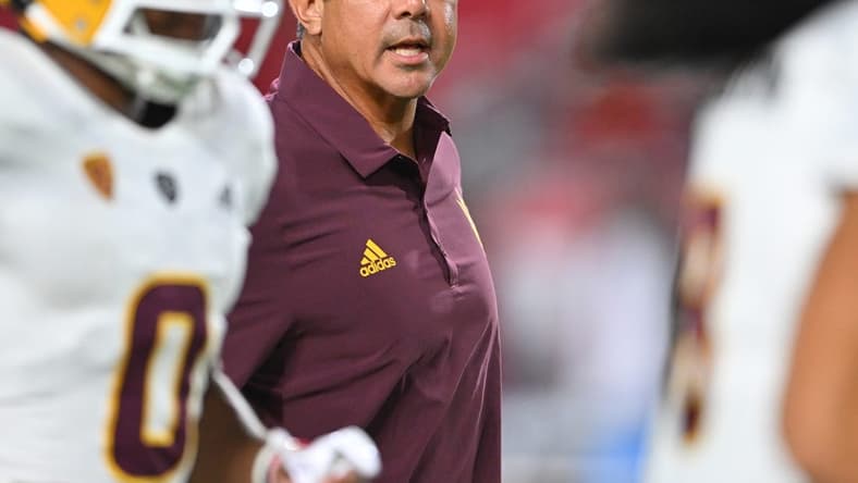 Oct 1, 2022; Los Angeles, California, USA;  Arizona State Sun Devils head coach Shaun Aguano reacts on the field before a game against the USC Trojans at United Airlines Field at the Los Angeles Memorial Coliseum. Mandatory Credit: Jayne Kamin-Oncea-USA TODAY Sports