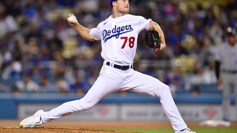 Oct 1, 2022; Los Angeles, California, USA; Los Angeles Dodgers starting pitcher Michael Grove (78) throws against the Colorado Rockies during the fourth inning at Dodger Stadium. Mandatory Credit: Gary A. Vasquez-USA TODAY Sports