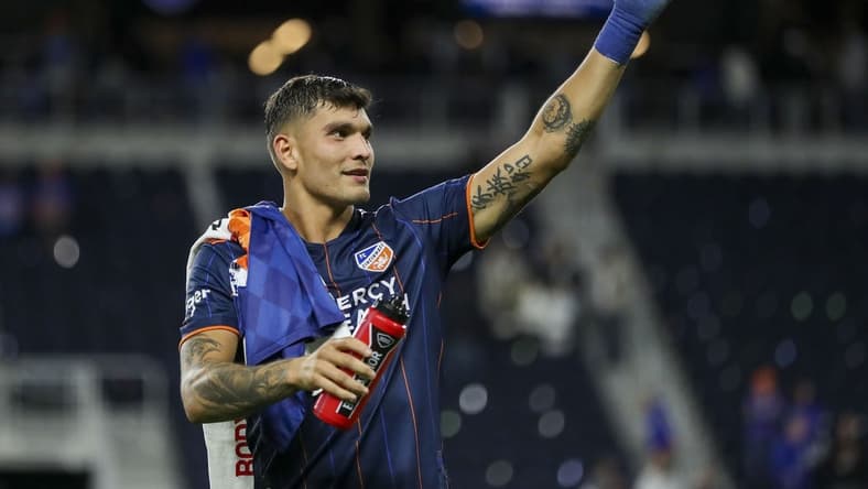 Oct 1, 2022; Cincinnati, Ohio, USA; FC Cincinnati forward Brandon Vazquez (19) waves to fans after a match against the Chicago Fire at TQL Stadium. Mandatory Credit: Katie Stratman-USA TODAY Sports