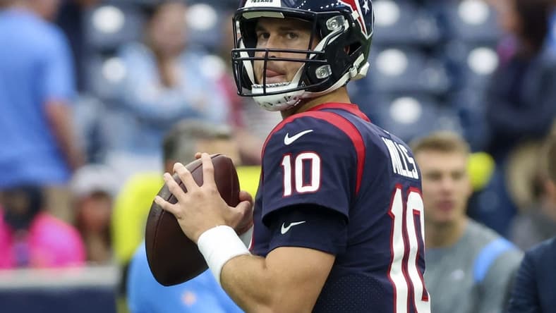 Oct 2, 2022; Houston, Texas, USA; Houston Texans quarterback Davis Mills (10) warms up before the game against the Los Angeles Chargers at NRG Stadium. Mandatory Credit: Kevin Jairaj-USA TODAY Sports