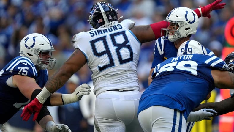 Indianapolis Colts quarterback Matt Ryan (2) throws a pass that's intercepted Sunday, Oct. 2, 2022, during a game against the Tennessee Titans at Lucas Oil Stadium in Indianapolis.