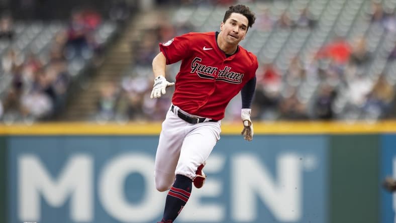 Oct 2, 2022; Cleveland, Ohio, USA; Cleveland Guardians left fielder Will Brennan (63) rounds second base on a triple during the first inning against the Kansas City Royals at Progressive Field. Mandatory Credit: Scott Galvin-USA TODAY Sports
