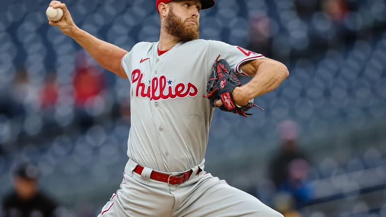 Oct 2, 2022; Washington, District of Columbia, USA; Philadelphia Phillies starting pitcher Zack Wheeler (45) pitches against the Washington Nationals during the first inning at Nationals Park. Mandatory Credit: Scott Taetsch-USA TODAY Sports